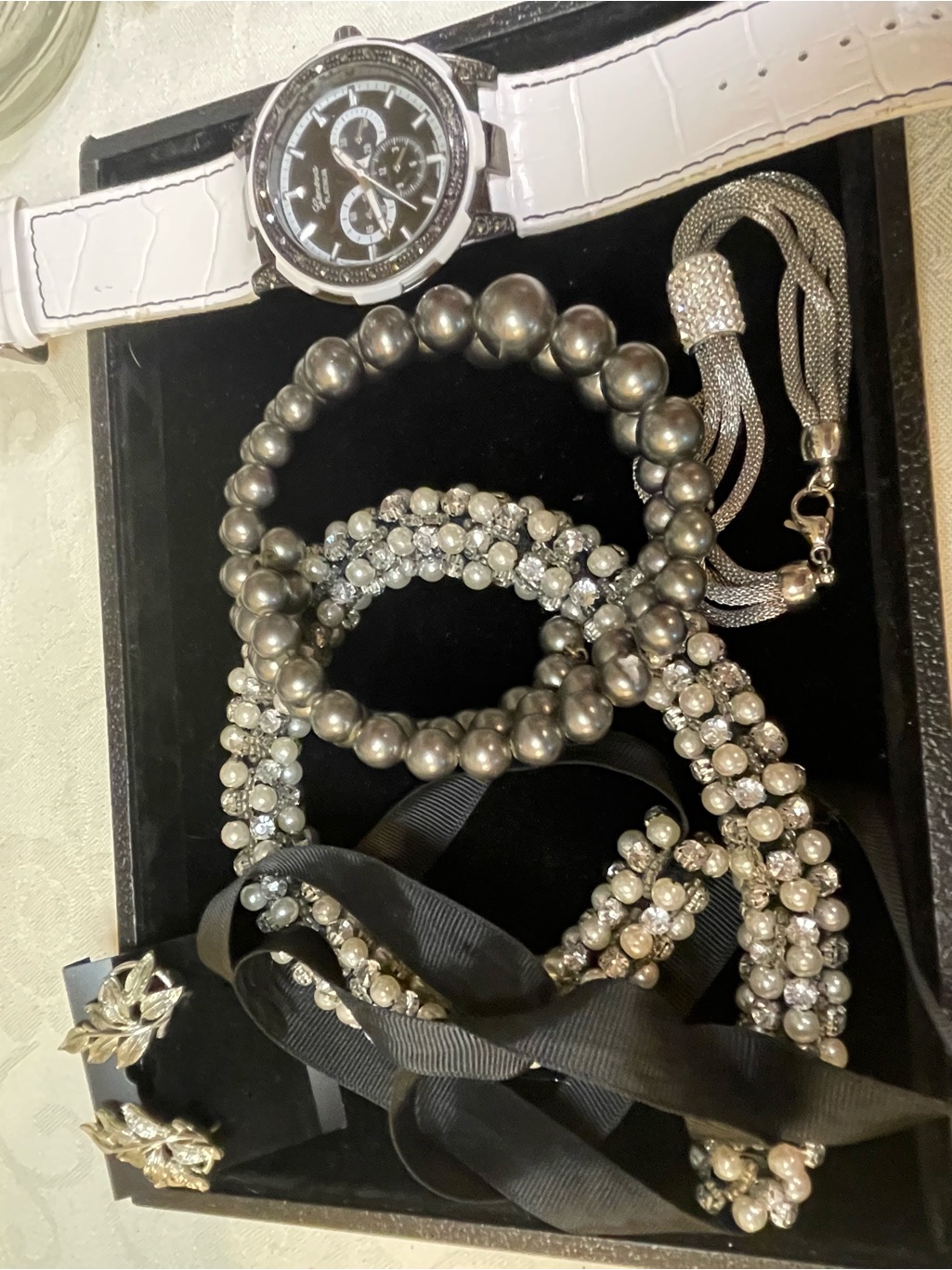 Silver And White Watch With Silver Beaded Bracelet Set